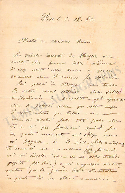 Mugnone, Leopoldo - Autograph Letter Signed 1897