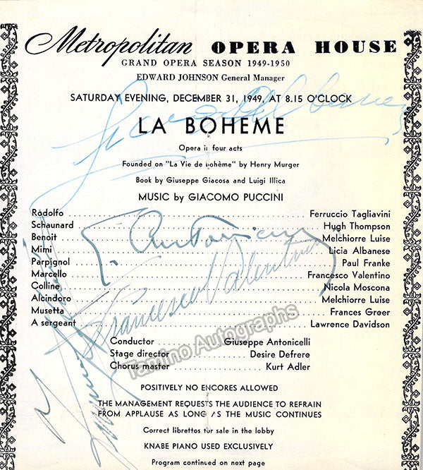 Antonicelli, Giuseppe - Albanese, Licia & Others - Signed Cast Page La Boheme 1949