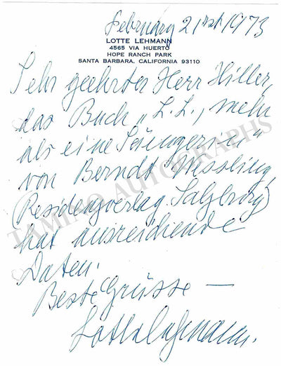 Lehmann, Lotte - Autograph Letter Signed 1973