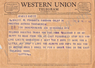 Lehmann, Lotte - Original Telegram 1955 to A. Toscanini