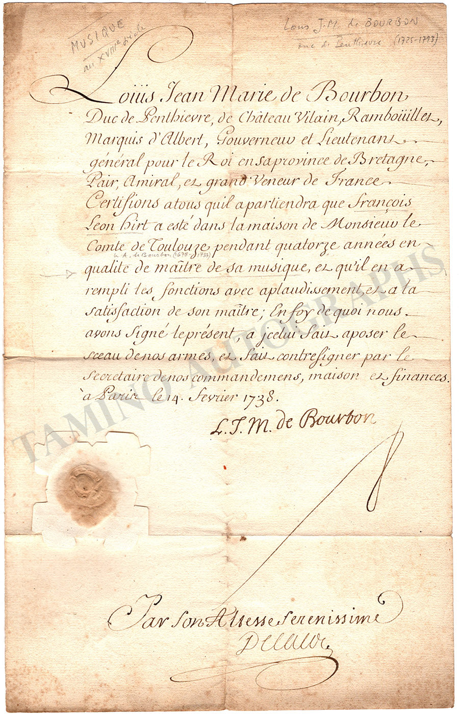 De Bourbon, Louis-Jean-Marie - Signed Document 1738