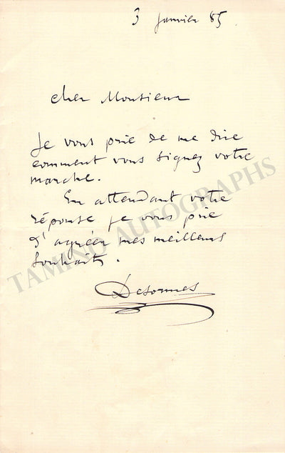 Desormes, Louis-Cesar - Autograph Note Signed 1885