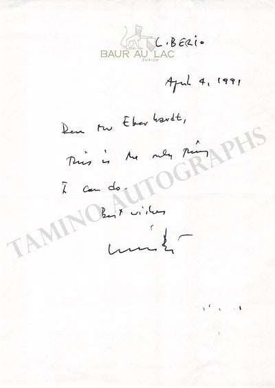 Berio, Luciano - Autograph Note Signed 1991