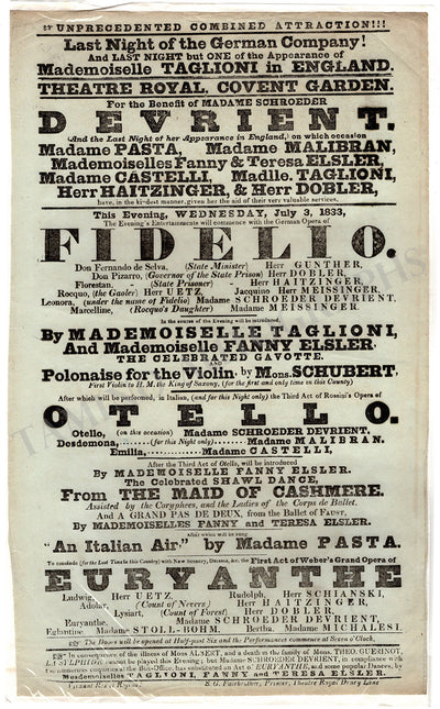Malibran, Maria - Pasta, Giuditta - Taglioni, Marie & Others - Playbill Theatre Royal 1833 London