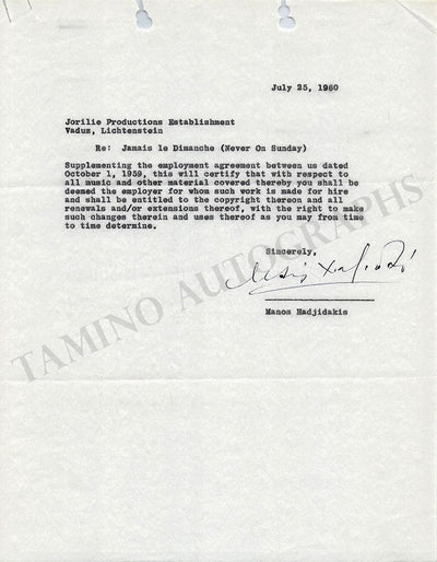Hadjidakis, Manos - Typed Letter Signed 1960