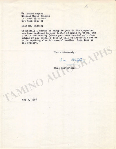 Blitzstein, Marc - Typed Letter Signed 1953
