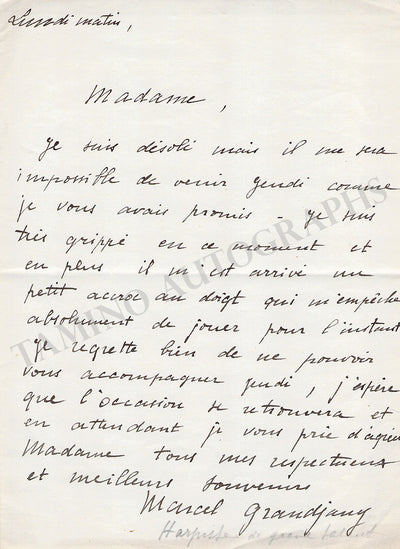 Grandjany, Marcel - Autograph Letter Signed