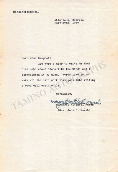 Mitchell, Margaret - Typed Letter Signed 1949
