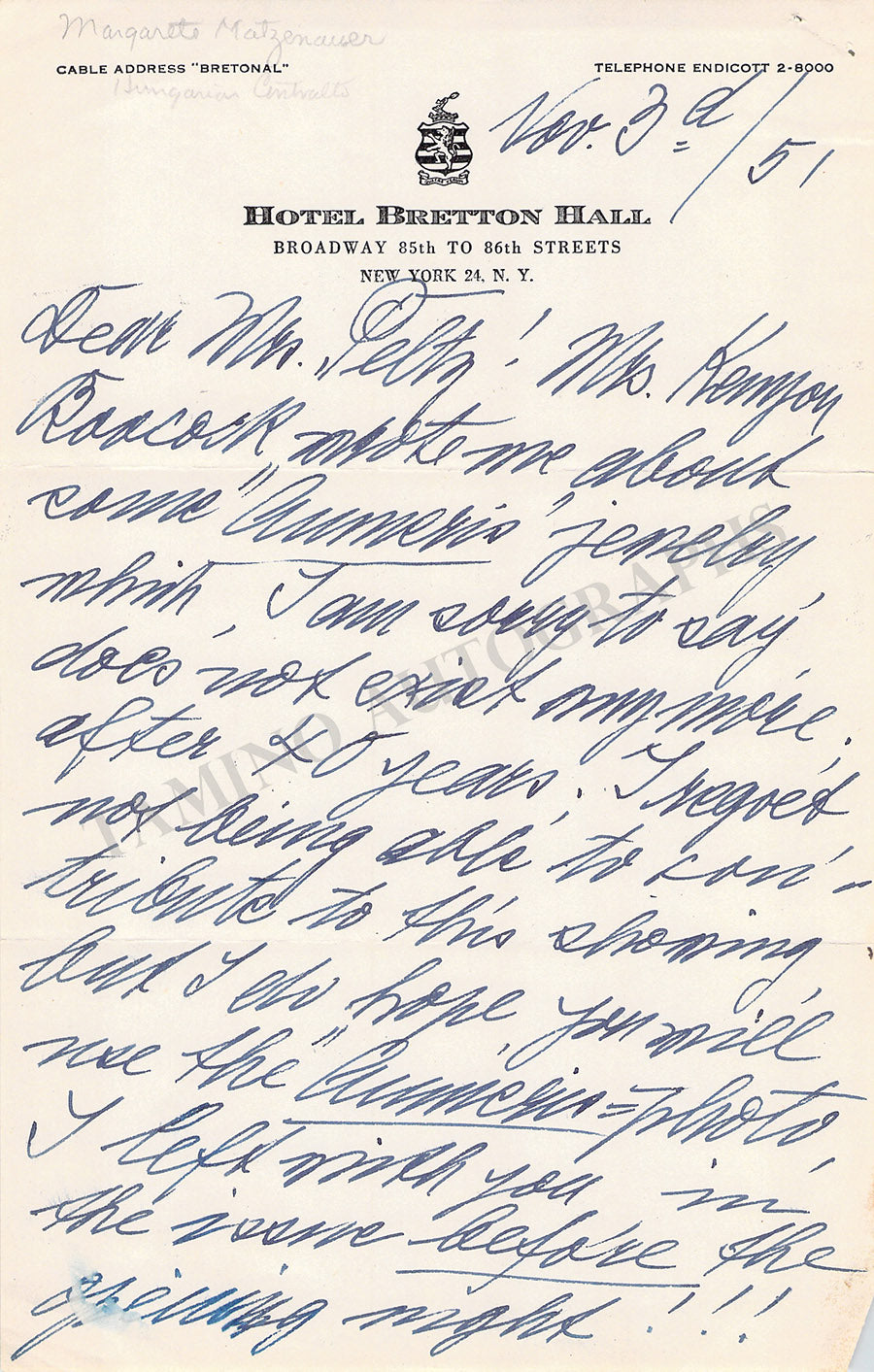 Matzenauer, Margarete - Lot of Autograph Letters and Autograph Notes S ...