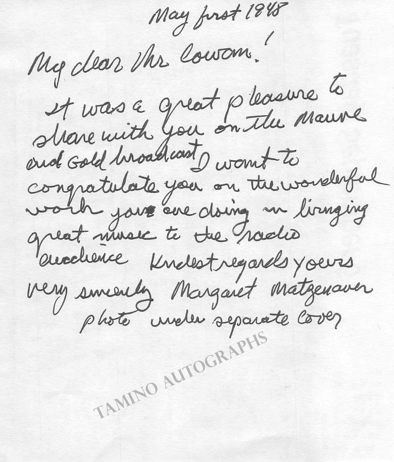 Matzenauer, Margarete - Lot of Autograph Letters and Autograph Notes S ...