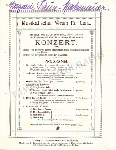 Matzenauer, Margarete - Signed Program Vienna 1910