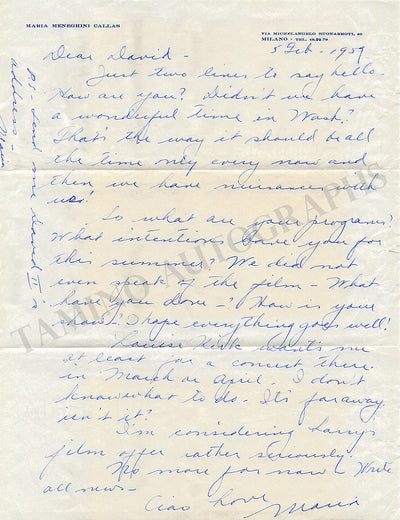 Callas, Maria - Autograph Letter Signed 1959, Photos & Clips