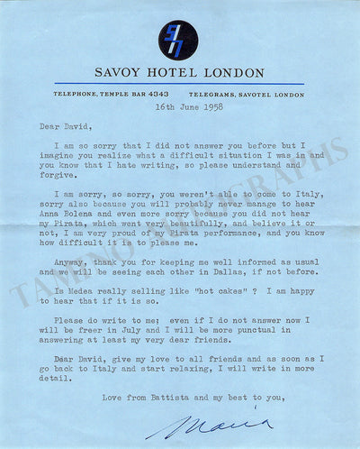 Callas, Maria - Typed Letter Signed 1958