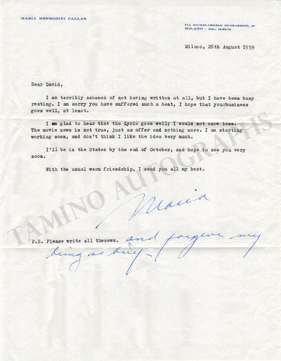 Callas, Maria - Typed Letter Signed 1959