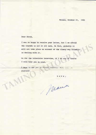 Callas, Maria - Typed Letter Signed 1963