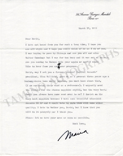 Callas, Maria - Typed Letter Signed 1971