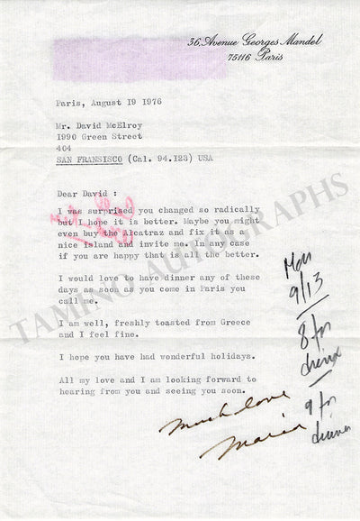 Callas, Maria - Typed Letter Signed 1976