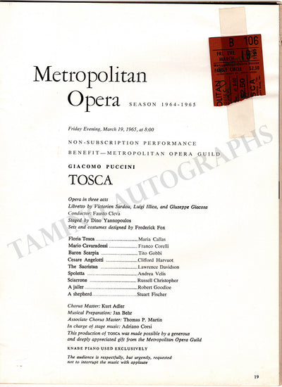Callas, Maria - Unsigned Program Tosca 1955 Met Opera