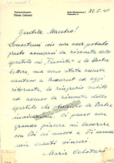 Cebotari, Maria - 1 Autograph Letter Signed + 1 Autograph Note Signed + Program