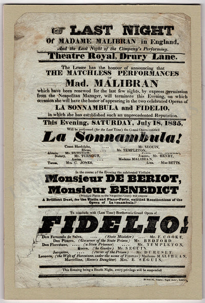 Malibran, Maria - Vintage Playbill La Sonnambula 1835