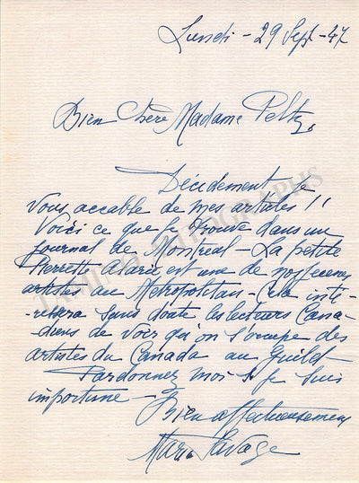 Savage, Maria - Autograph Letter Signed