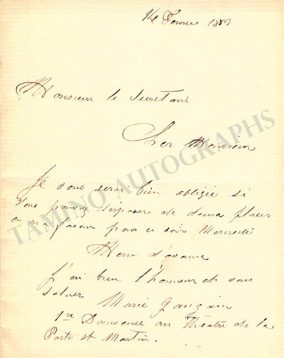 Gaugain, Marie - Autograph Letter Signed 1867