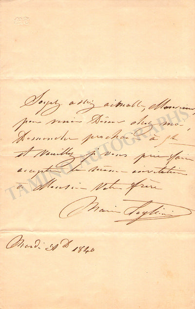 Taglioni, Marie - Autograph Note Signed 1840
