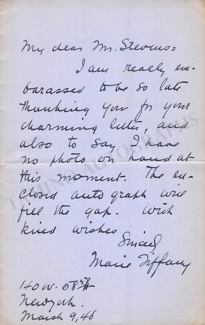 Tiffany, Marie - Autograph Letter Signed 1946