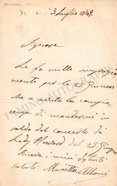 Alboni, Marietta - Autograph Note Signed 1849
