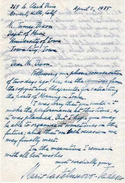 Castelnuovo-Tedesco, Mario - Autograph Letter Signed 1955