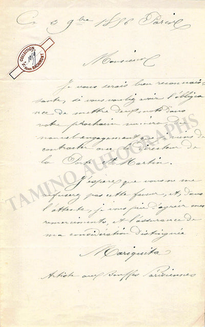 Mariquita - Autograph Letter Signed 1896