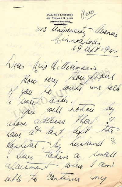 Lawrence, Marjorie - Autograph Letter Signed 1941
