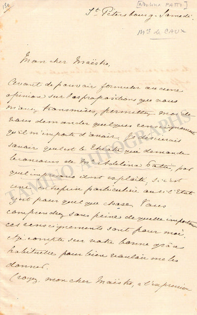 Patti, Adelina - Autograph Letter Signed by Marquis de Caux
