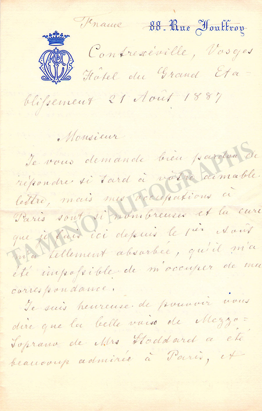 Mathilde Marchesi Autograph Letter Signed 1887 – Tamino Autographs