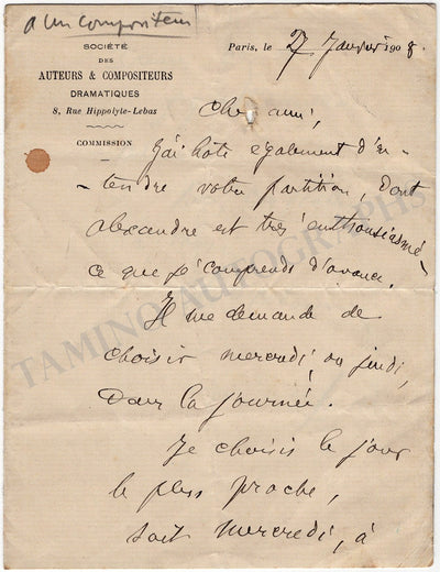 Ordonneau, Maurice - Autograph Letter Signed 1908