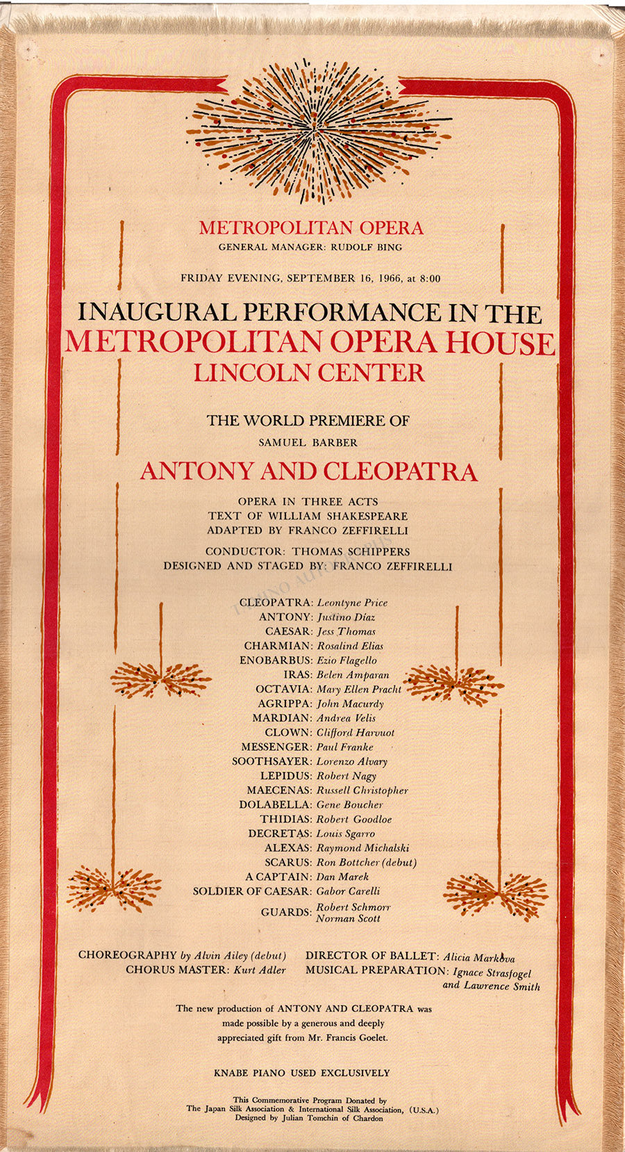 Metropolitan Opera Inauguration Silk Program 1966 Antony & Cleopatra ...