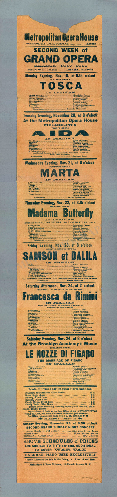 Metropolitan Opera - Set of 2 Playbills 1917-1918