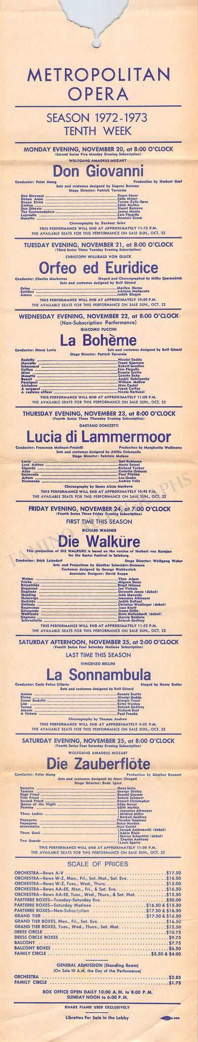 Metropolitan Opera - Collection of 8 Playbills Season 1972-1973