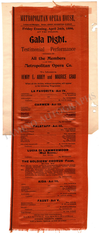 Metropolitan Opera - Silk Playbill Gala 1896