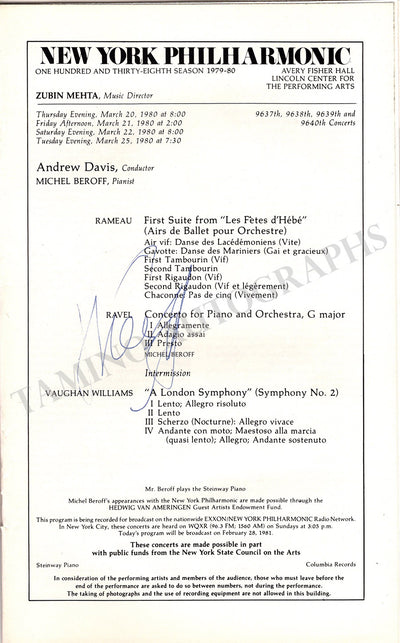 Beroff, Michael - Signed Program New York 1980