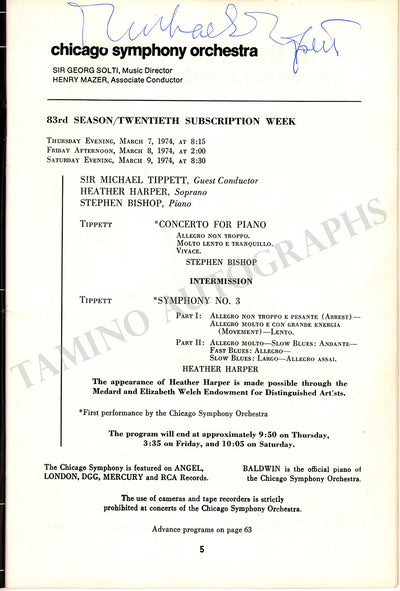 Tippett, Michael - Signed Program Chicago 1974