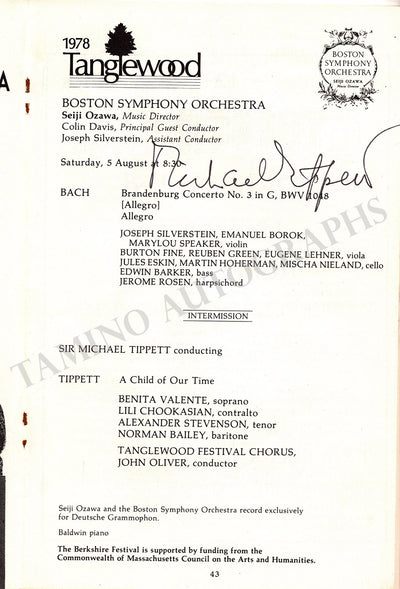 Tippett, Michael - Signed Program Tanglewood 1978