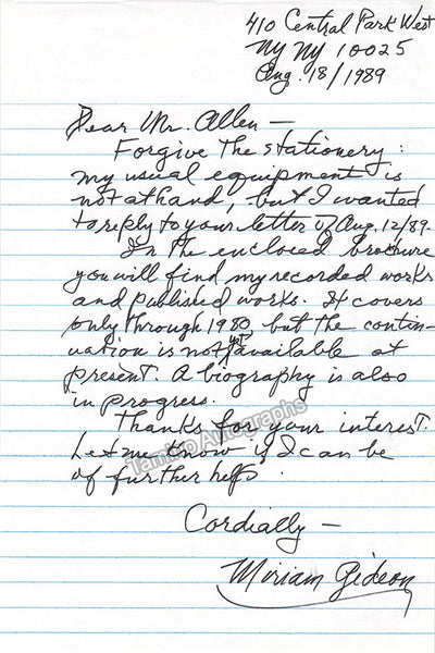 Gideon, Miriam - Autograph Letter Signed 1989