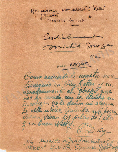 Morgan, Michele - Allegret, Marc - Baquet, Maurice - Signed Page