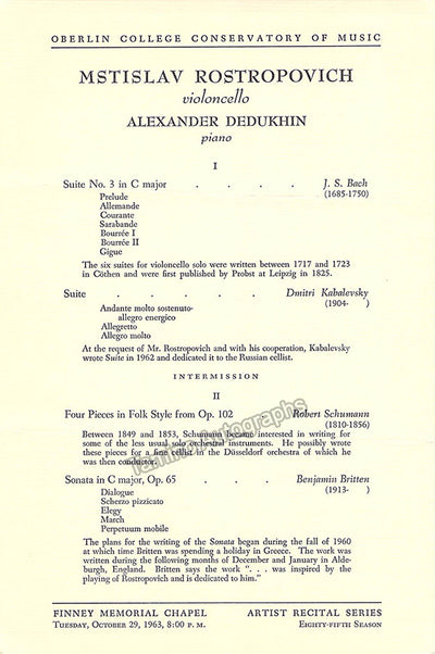 Rostropovich, Mstislav - Unsigned Concert Program Oberlin 1963