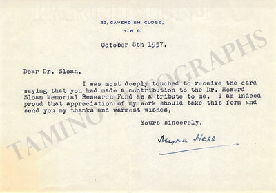 Hess, Myra - Typed Note Signed 1957