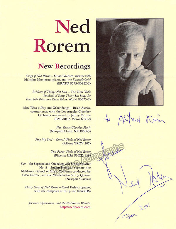 Ned Rorem Sheet Signed Recording Ad