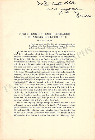 Bohr, Niels - Signed Booklet 1939