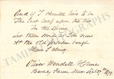Holmes, Oliver Wendell (Sr.) - Signed Card with Poem