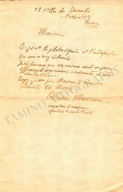 Messiaen, Olivier - Autograph Note Signed